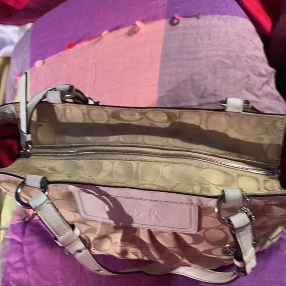 White and tan coach canvas with leather trim. - Picture 11 of 13